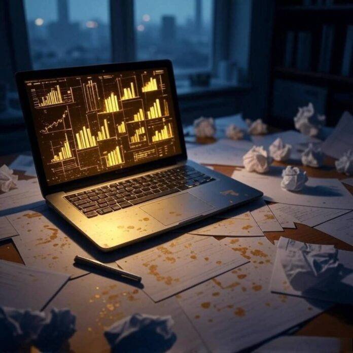 Gold charts glow on messy desk, secretive thrill. Gold charts glow on messy desk, secretive thrill.