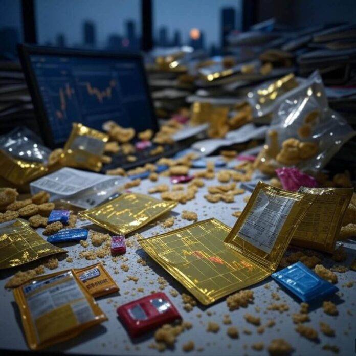 Blurry desk chaos with gold charts, investor jitters. Blurry desk chaos with gold charts, investor jitters.
