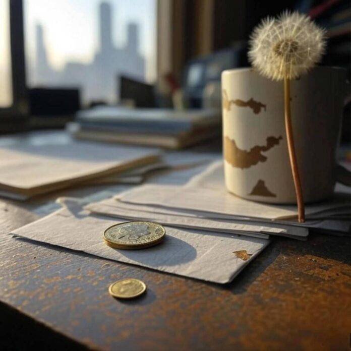 Messy desk with gold coin, mug, dandelion. Messy desk with gold coin, mug, dandelion.