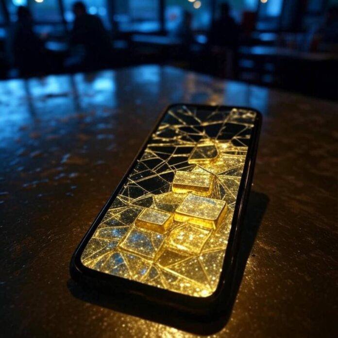 Cracked phone glows with gold bars, diner chaos. Cracked phone glows with gold bars, diner chaos.