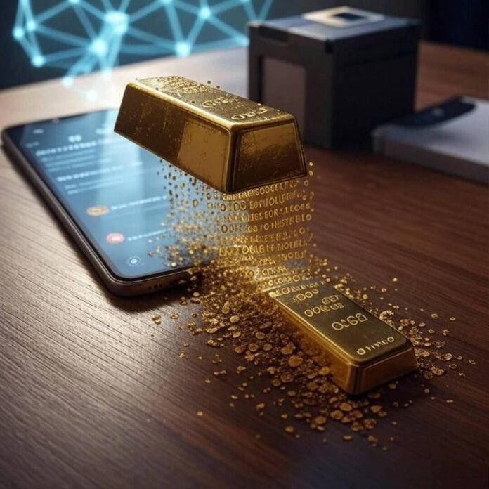 Gold bar dissolving into binary, smartphone, blockchain web. Gold bar dissolving into binary, smartphone, blockchain web.