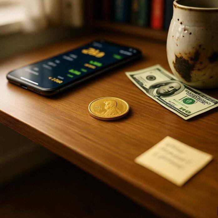 Blurry desk with gold coin, phone, mug, note. Blurry desk with gold coin, phone, mug, note.