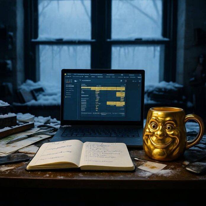 Chaotic desk with laptop, calculator, gold mug.