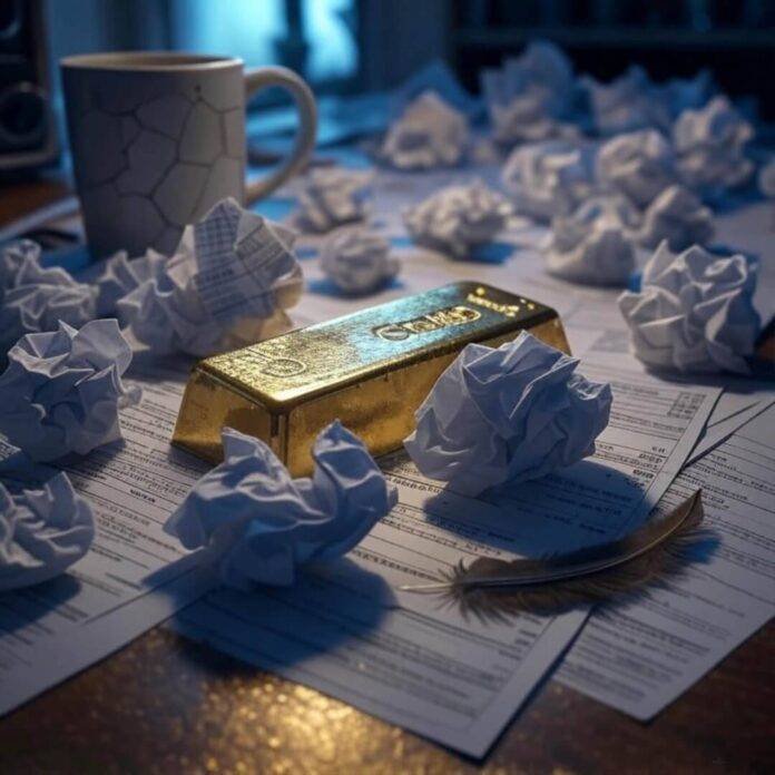 Cluttered desk with gold bar, papers, mug, and feather. Cluttered desk with gold bar, papers, mug, and feather.