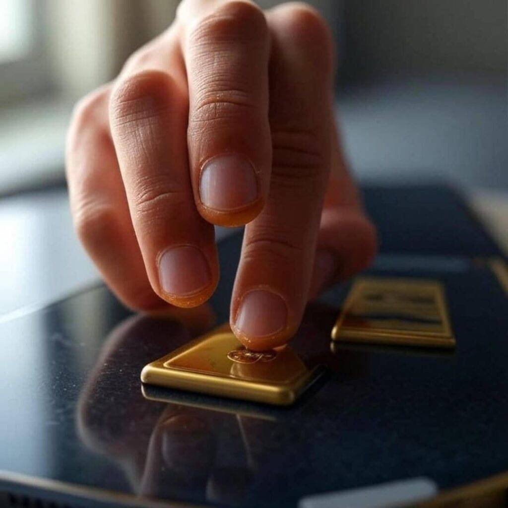 Coffee-stained fingers tap gold icon, morning ritual.