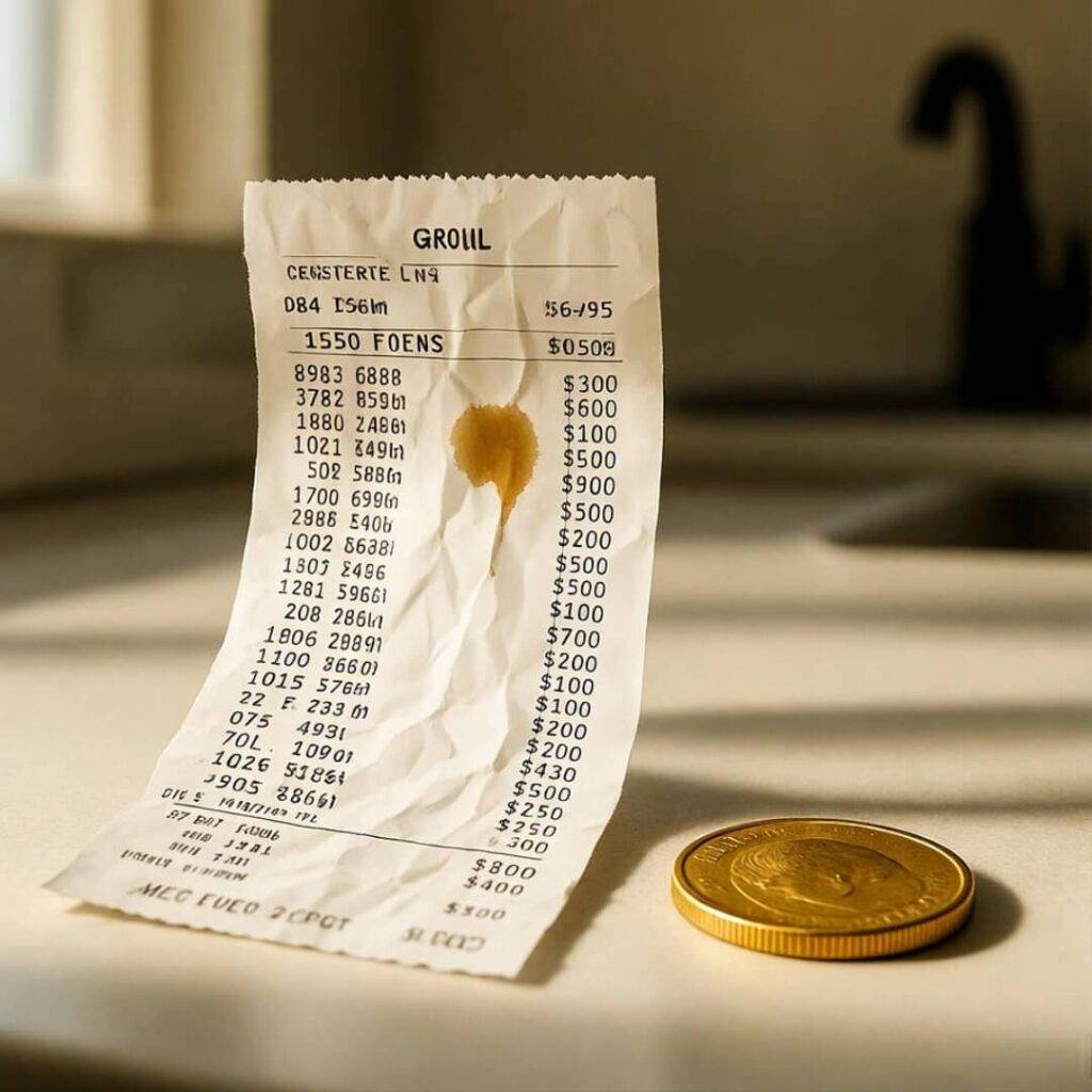 Crumpled receipt with coffee stain beside gold coin.
