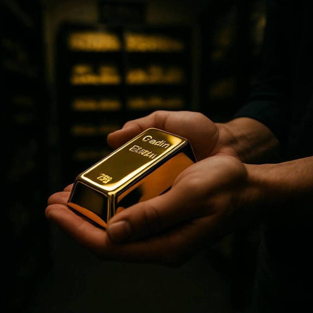 Shaky hands clutching gold bar in dim pawn shop.