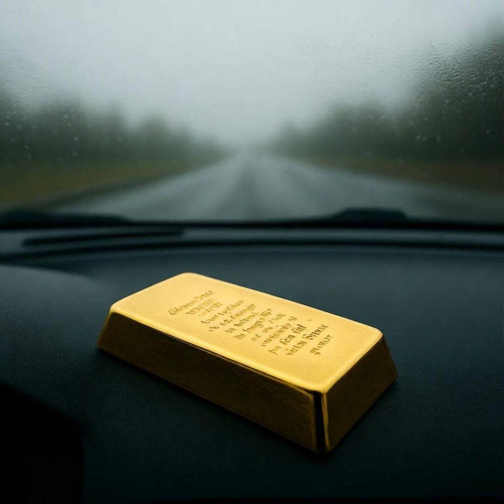 Gold bar with advisor quotes, foggy road view.