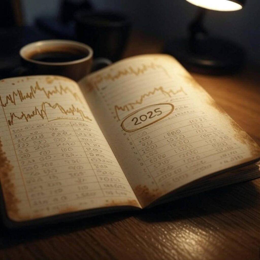Coffee-stained notebook with sloppy 2025 charts.