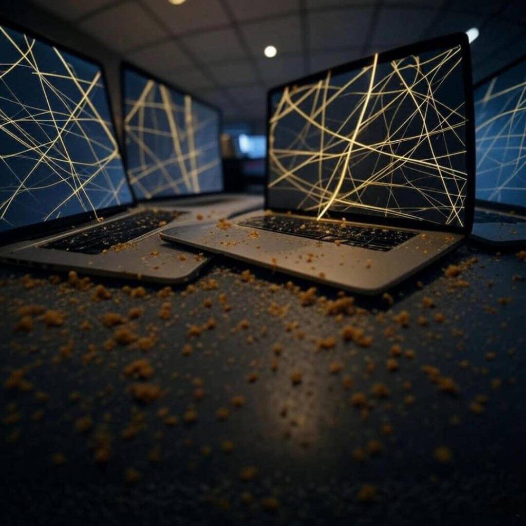 Upside-down screen chaos, gold spikes, crumbs.