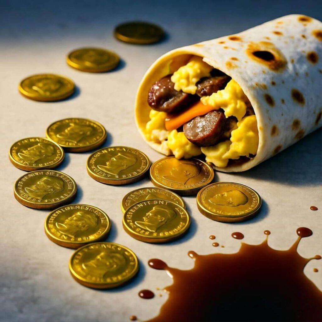 Spilled gold coins, coffee, burrito mess.