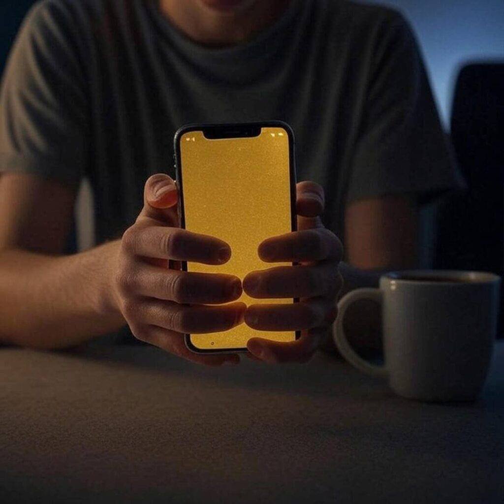 Shaky hands with phone, tipped coffee mug at night.