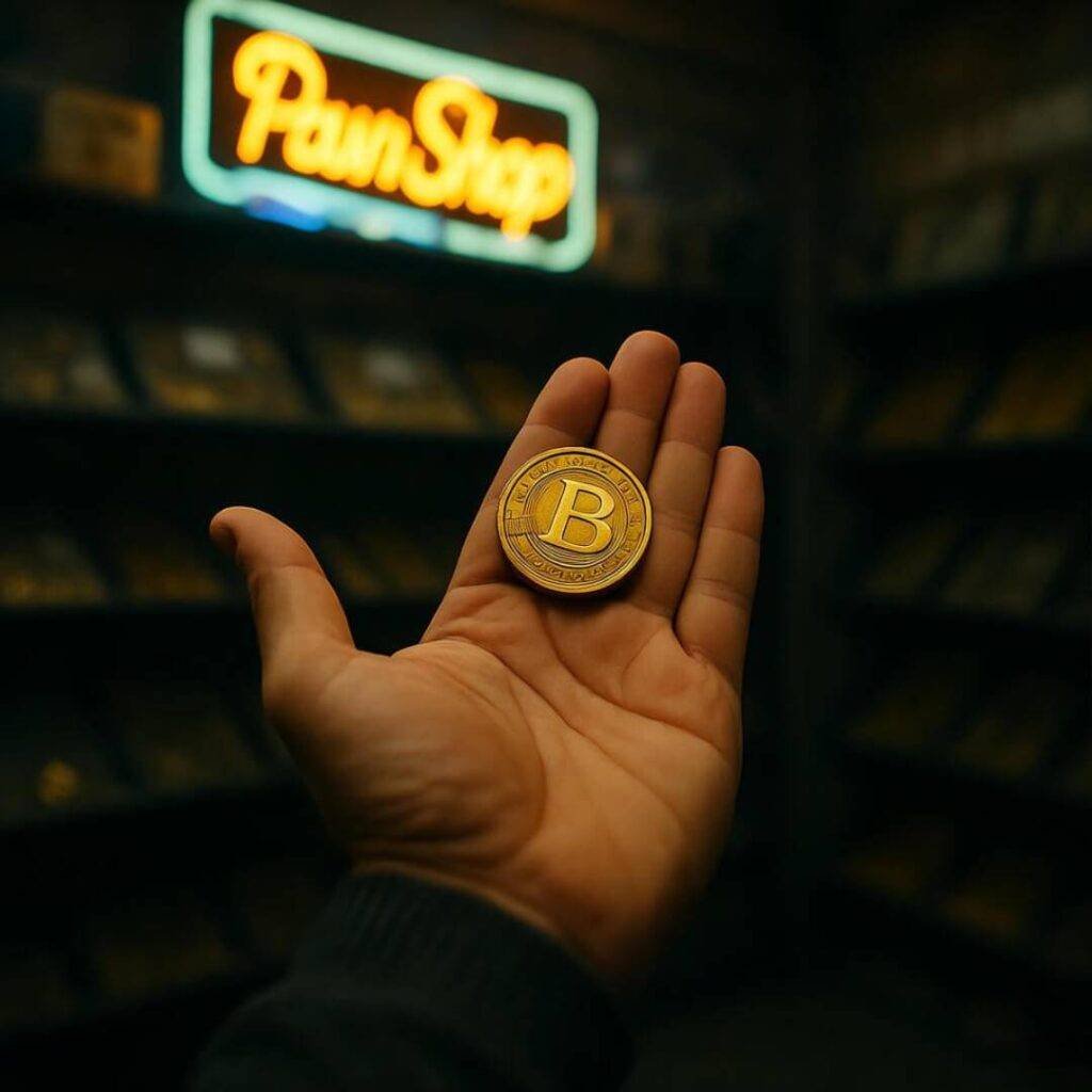 Shaky hand holding gold coin in pawn shop.