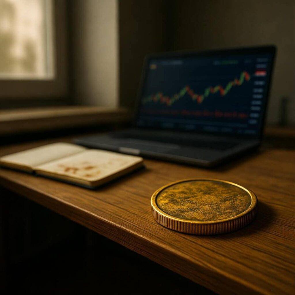 Tarnished gold coin on cluttered desk with laptop prices.