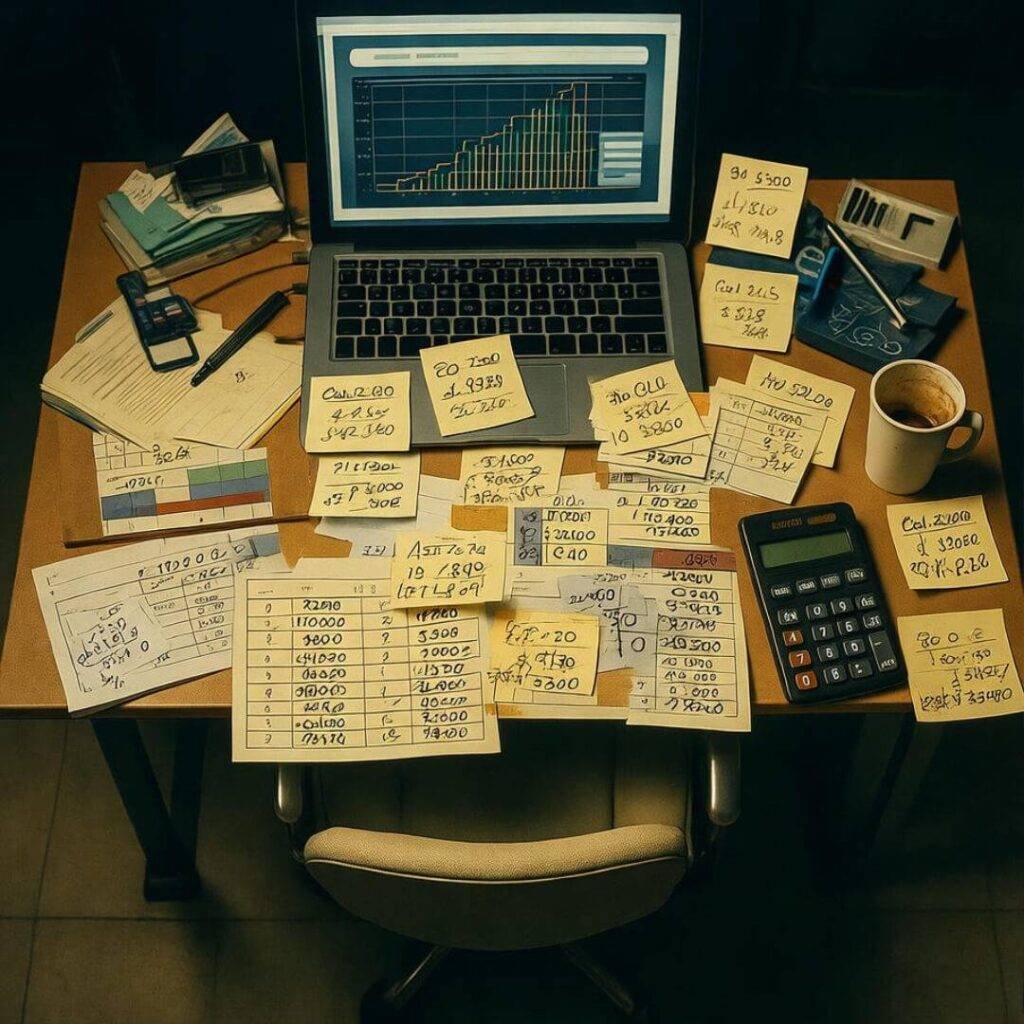 Messy desk overhead, sticky notes, coffee cup.