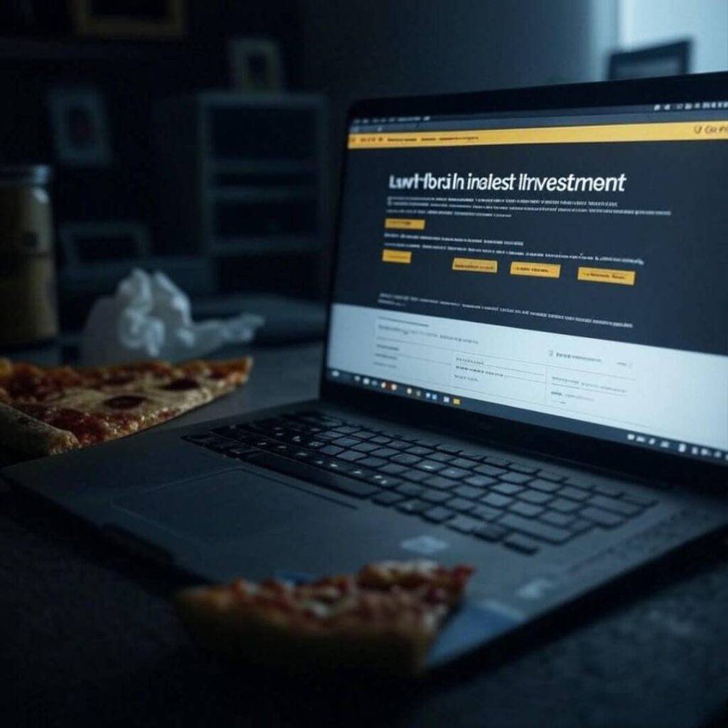 Laptop showing gold bonds site with pizza in dark room.