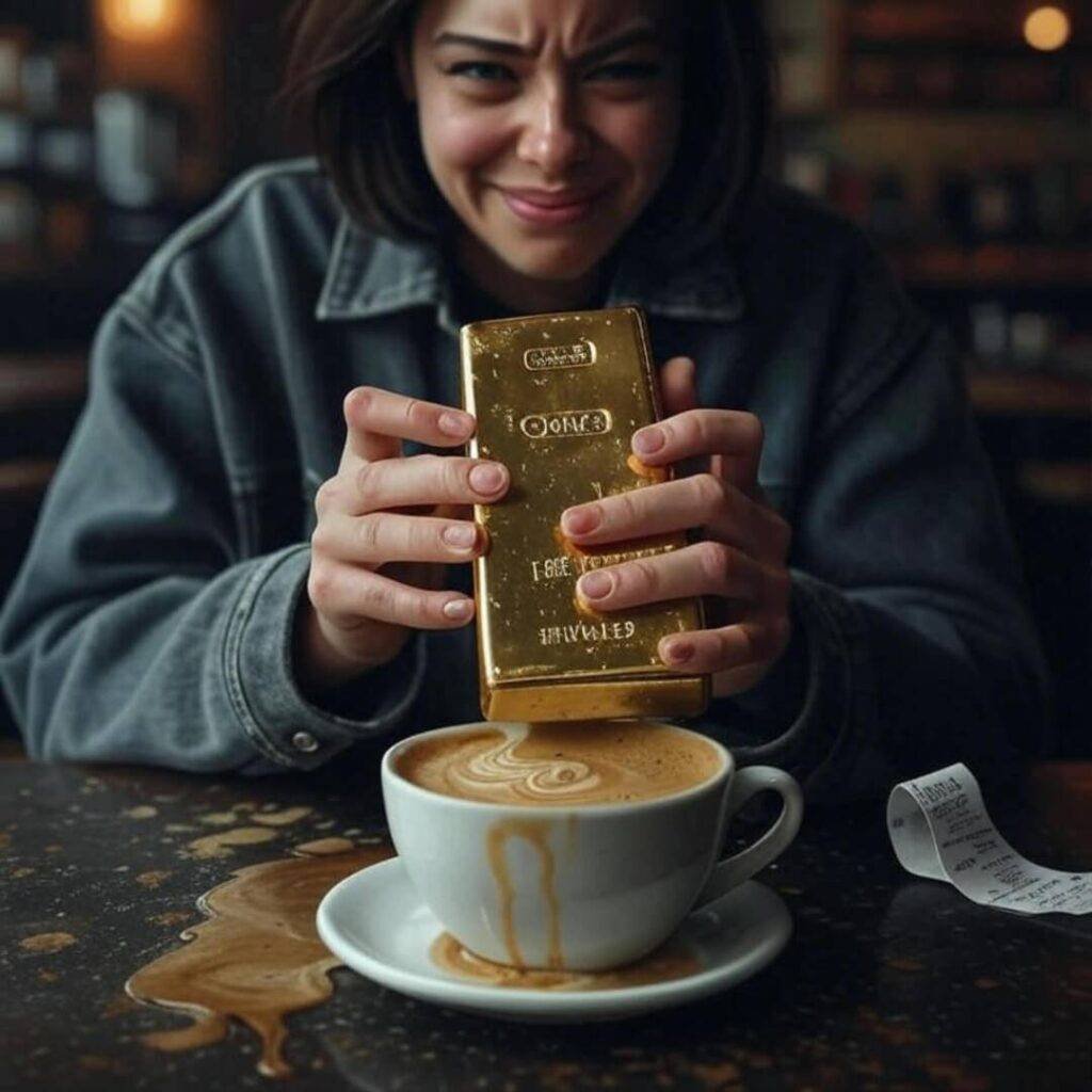 Shaky hands hold gold bar, spilled latte, crumpled receipt.