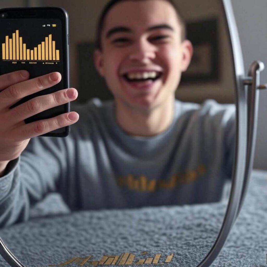 Awkward selfie with gold charts, mirror grin.