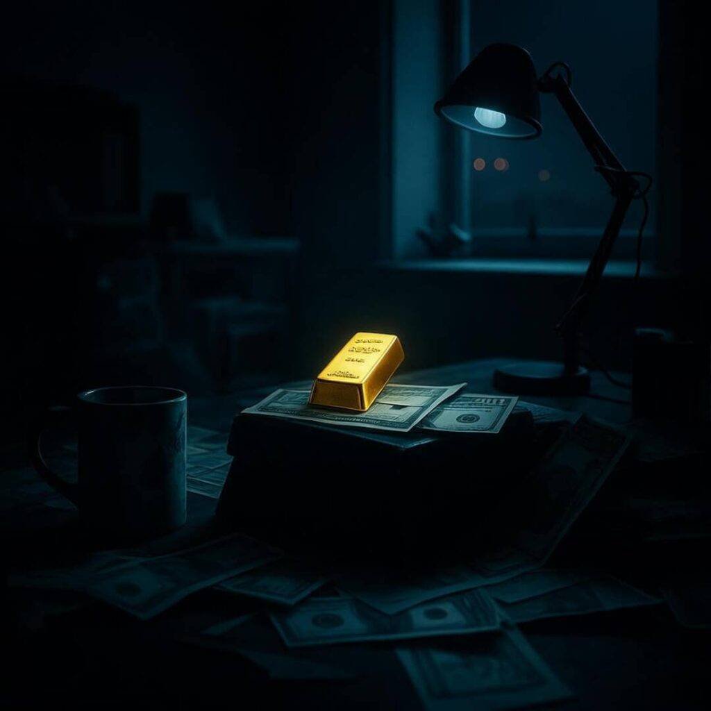 Gold bar glows under lamp with papers and mug.