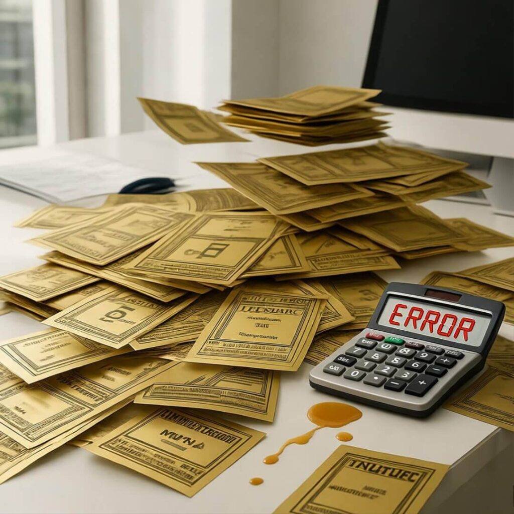 Messy desk with gold flyers, error calculator, spilled coffee.