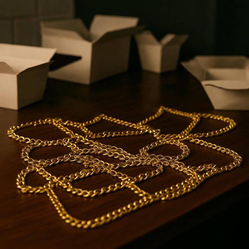 Tangled gold chains, takeout boxes, chaotic floor view.