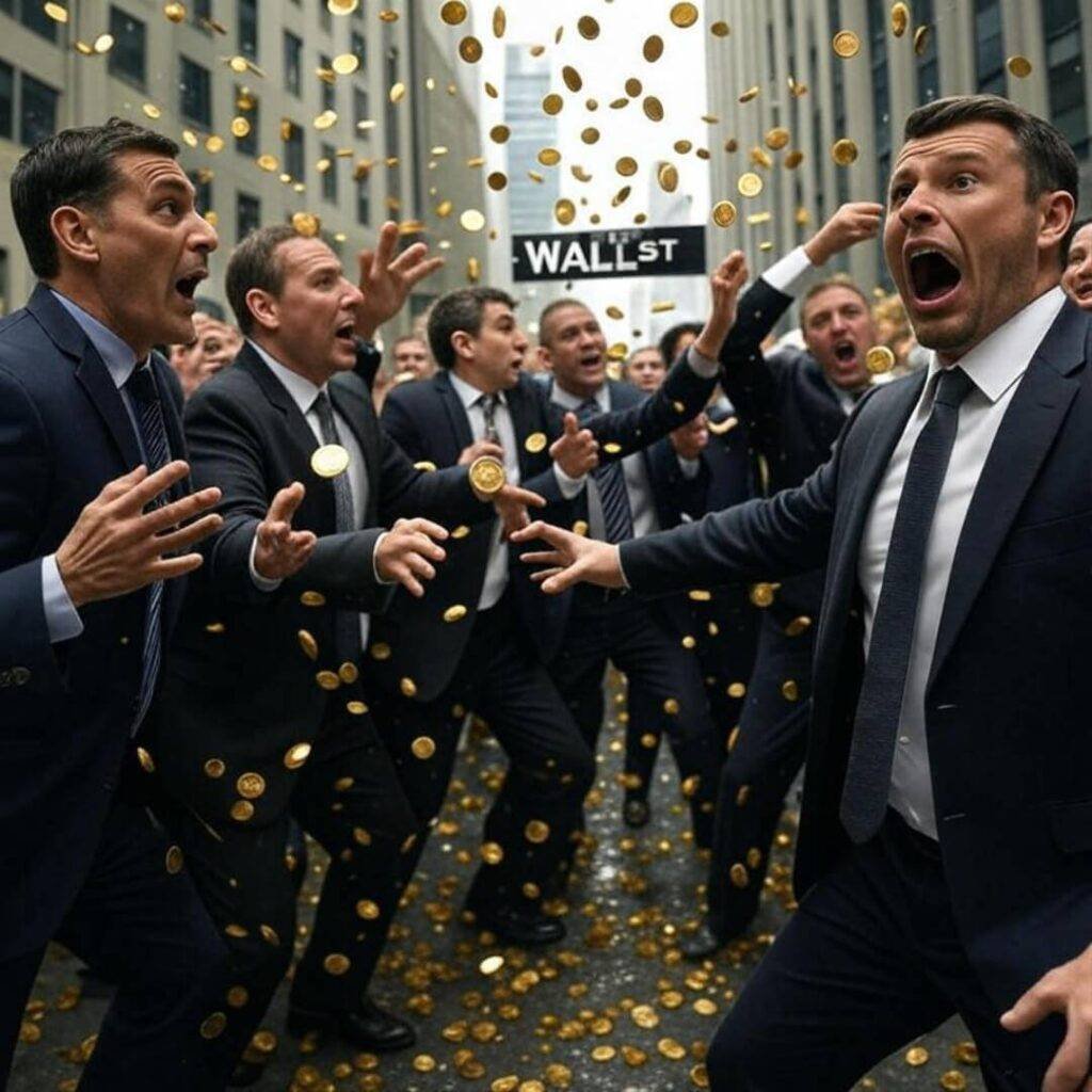Chaotic Wall Street with raining gold coins.
