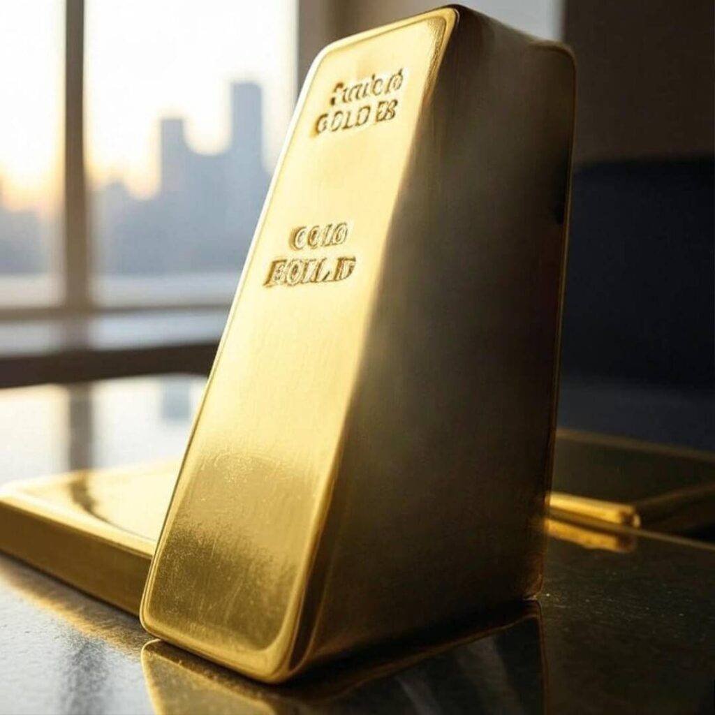 Reflection in gold bar, city blur.