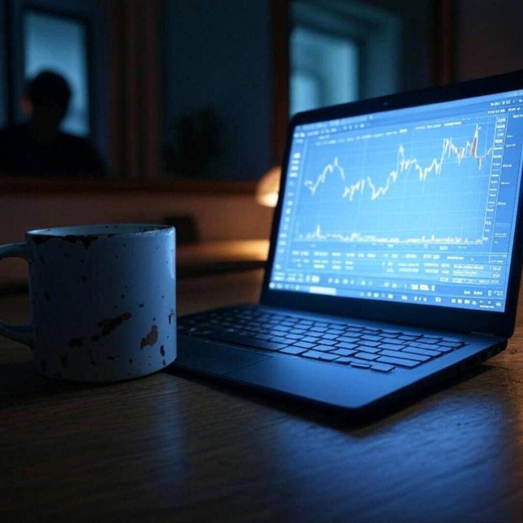 Retro laptop with ETF chart, chipped mug.