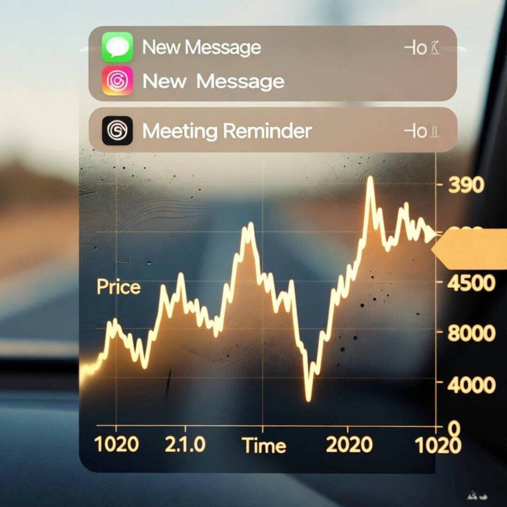 Volatile gold chart, phone smudges, road trip.