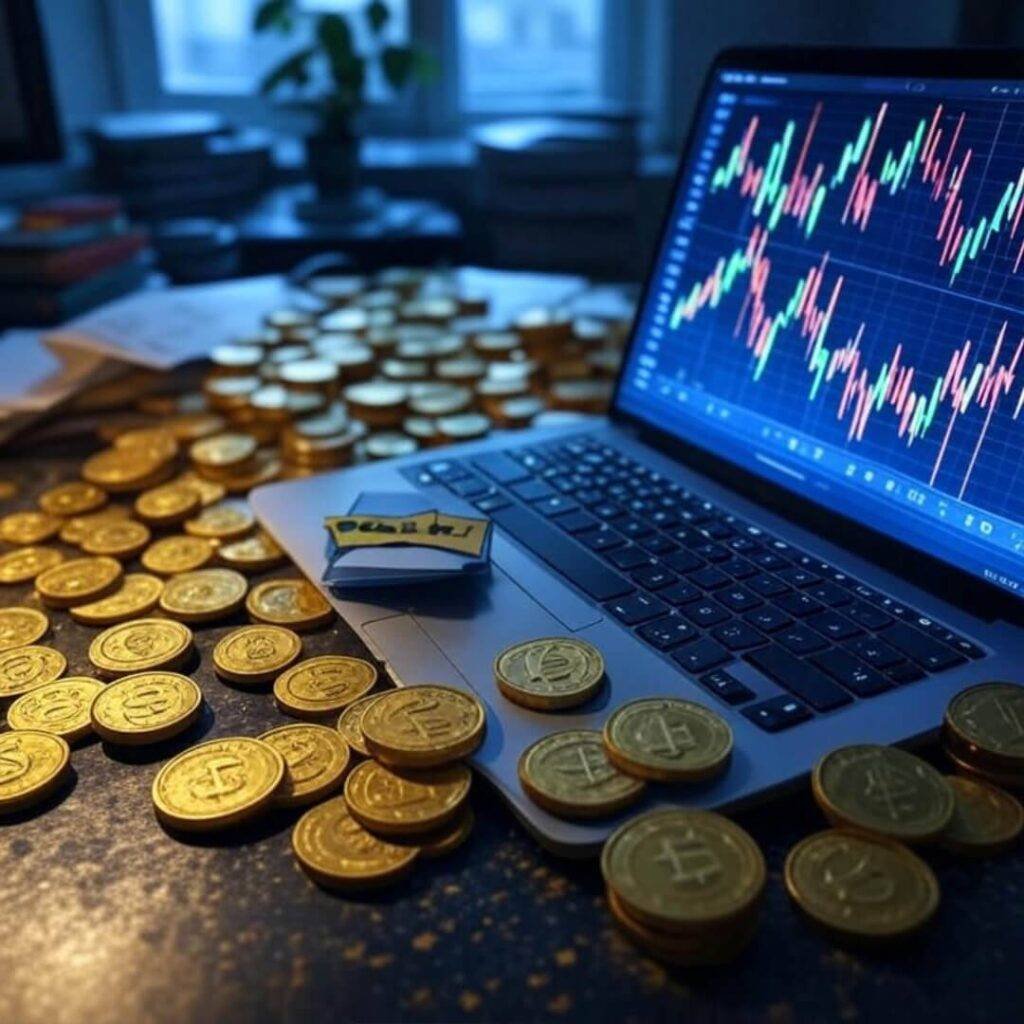 Messy desk with gold coins, laptop, crumpled password note.