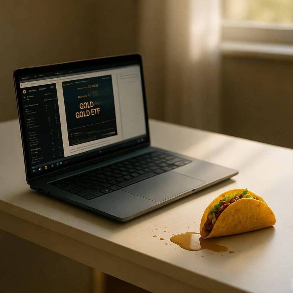 Tilted desk with laptop, taco, spilled coffee.