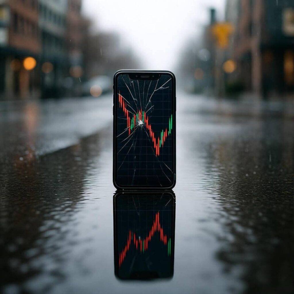 Cracked phone with plummeting stock chart in rainy puddle.
