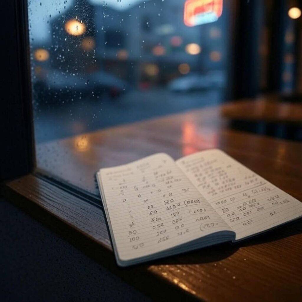 Notebook of gold bonds calculations by rainy Seattle window.