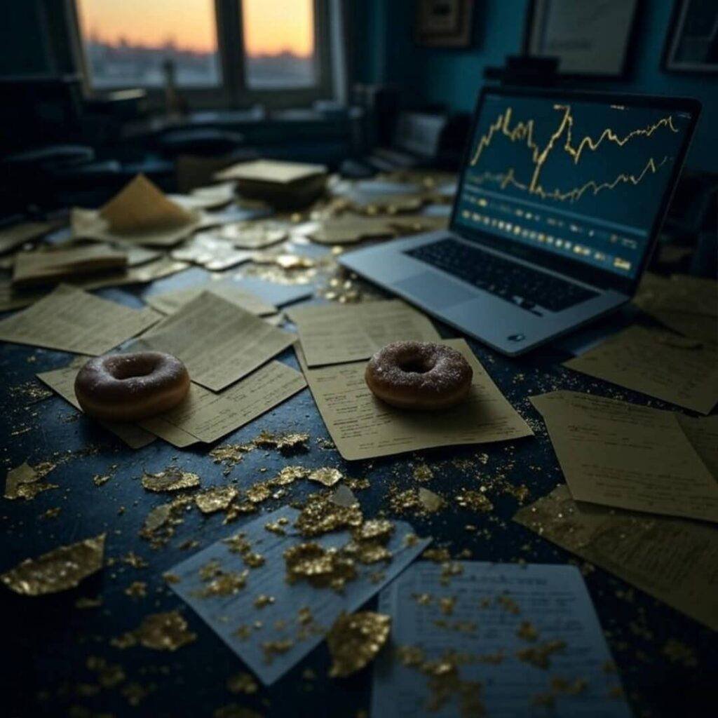 Messy desk with gold papers, donut, laptop trends.