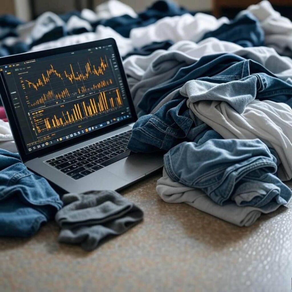 Laptop apps amid laundry mess, floor panic.