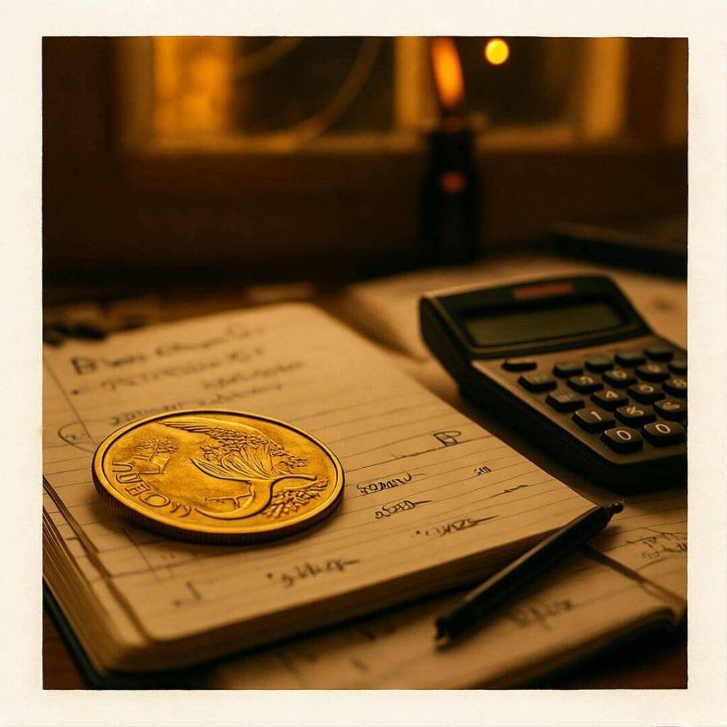 Gold coin on notebook with calculator, retro vibe.
