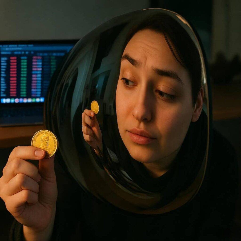 Warped selfie, gold coin, stock tickers, regret face