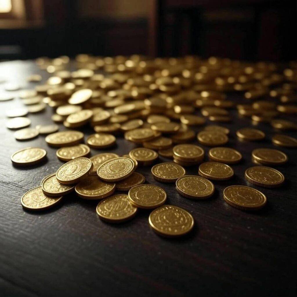 Gold coins cascade, uncertain investment shadows.