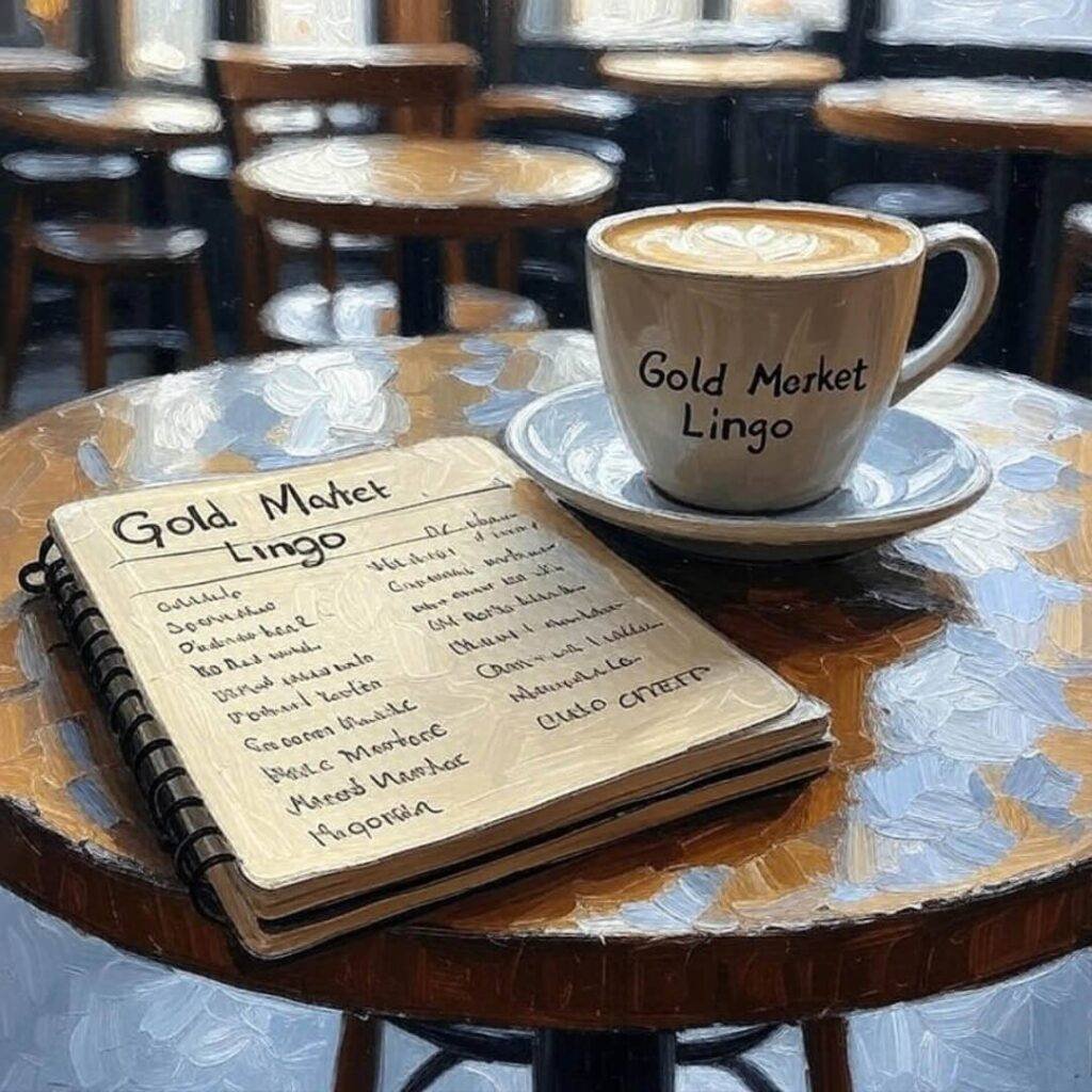 Sloppy notebook with misspelled gold terms, latte.