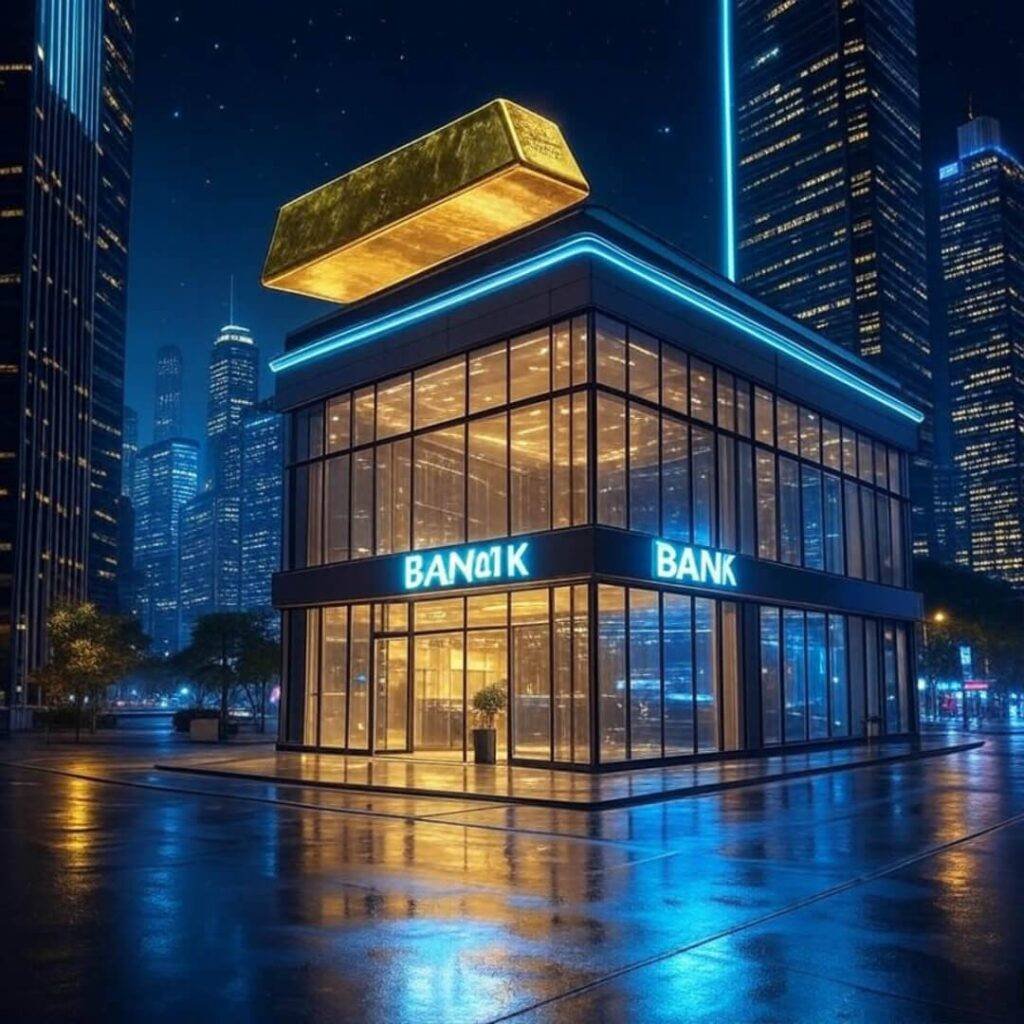 Neon cityscape, holographic gold bar over sleek bank.