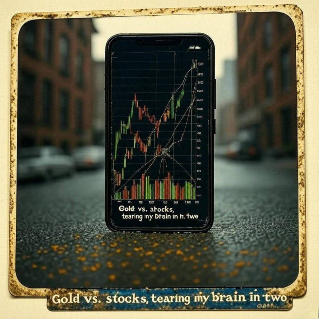 Vintage Polaroid of gold bar and stock ticker split.