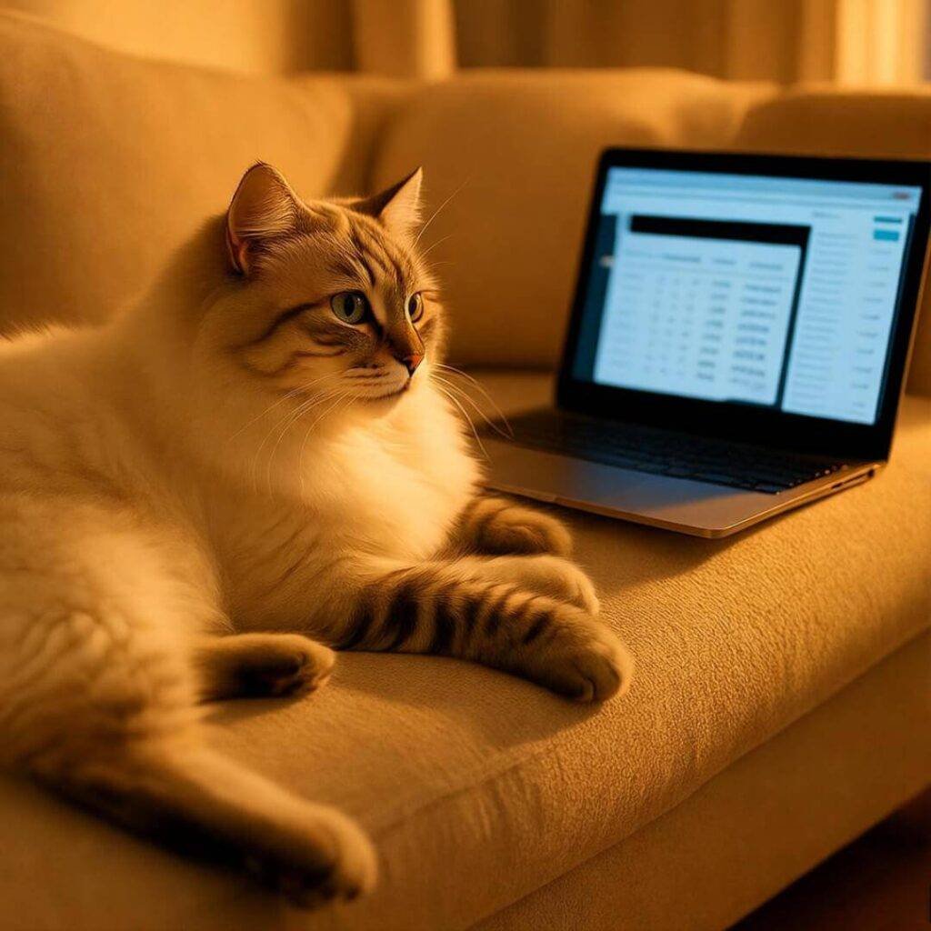 Cat judging laptop with gold calculator open.