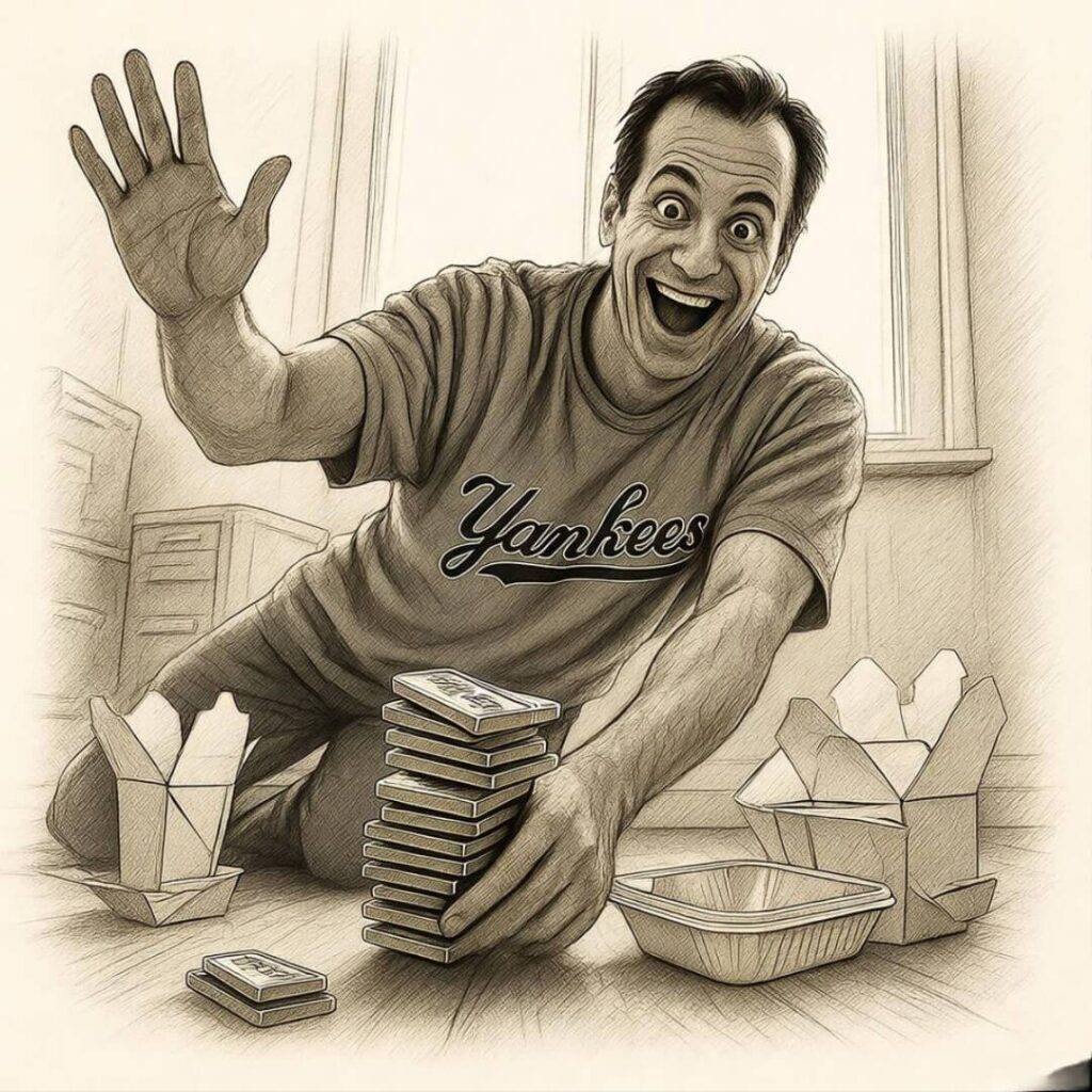 Embarrassing floor-level self-portrait celebrating a gold bond win, full of relatable investing chaos.