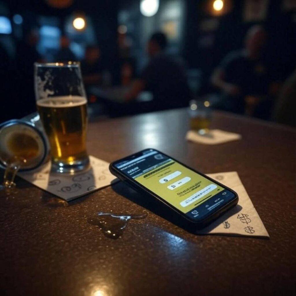 Phone displaying gold bonds app on bar with spilled beer.