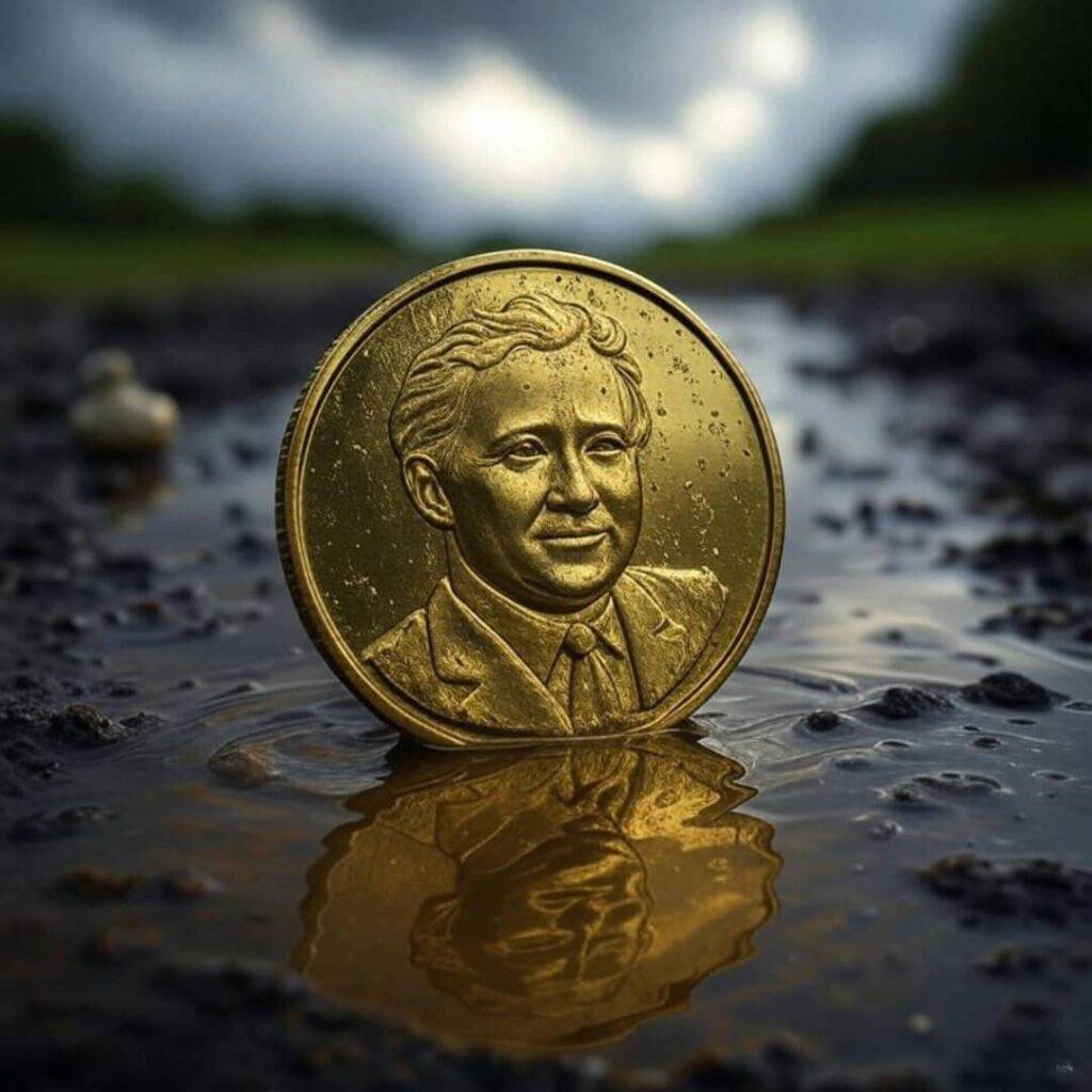 Gold coin, stormy sky, rubber duck in puddle.