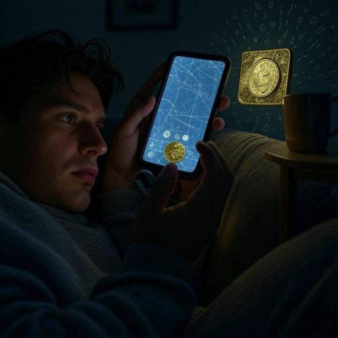 Blurry digital gold coin over scratched phone, prospector Blurry digital gold coin over scratched phone, prospector