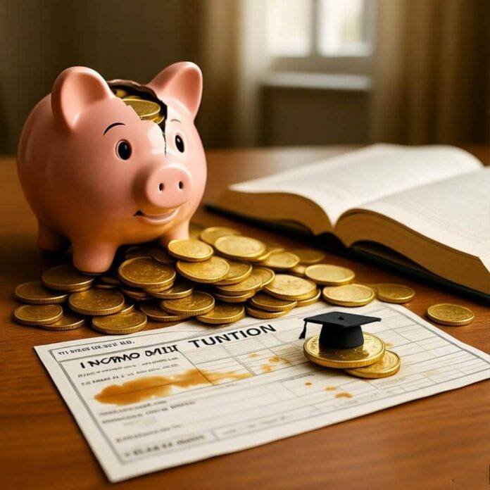 Blurry desk with coins, tuition bill, grad cap. Blurry desk with coins, tuition bill, grad cap.