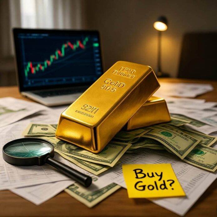 Messy desk with gold bar, stock chart, note. Messy desk with gold bar, stock chart, note.