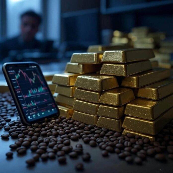 Wonky gold bars, phone charts, stressed face reflection. Wonky gold bars, phone charts, stressed face reflection.