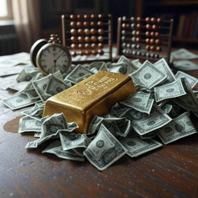 Gold bar buried in dollar bills with coffee stain. Gold bar buried in dollar bills with coffee stain.